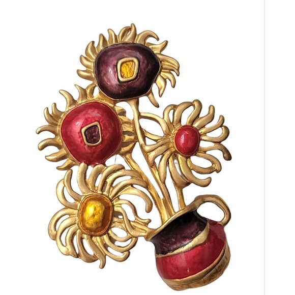 Yves Saint Laurent For AVON Van Gogh's Sunflower Painting Flower Pot Brooch - Picture 3 of 8